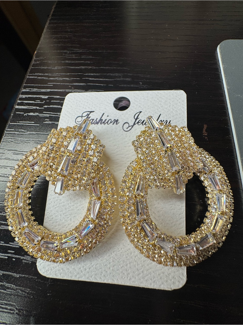 Fashion Jewelry Gold Crystal Baguette Hoop Drop Earrings